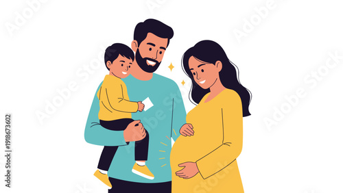 Loving family scene showing a man holding a small child next to a pregnant woman in a yellow dress against a white background.