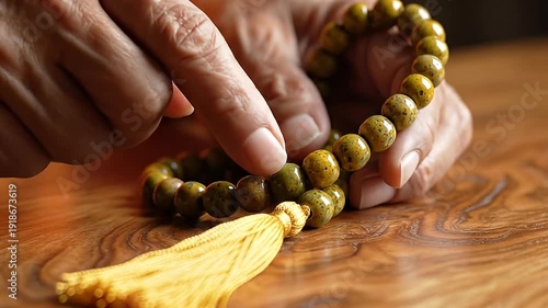 Close-up of a person's hands holding a beaded bracelet with a tassel on a wooden