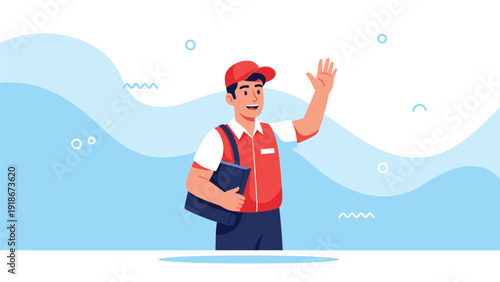 Friendly delivery man in a red uniform and cap waving his hand while carrying a package or bag against a blue wavy background.