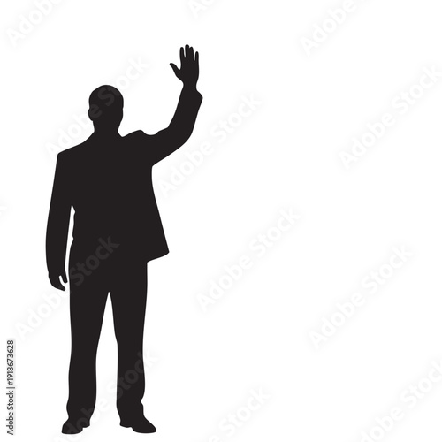 Man in suit silhouette with hand raised in a waving or greeting gesture, full-length male figure standing, business professional on white background, black and white vector illustration