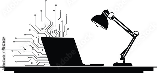 Laptop with Digital Circuit Lines and Desk Lamp Silhouette, Artificial Intelligence Technology Workspace Vector Illustration