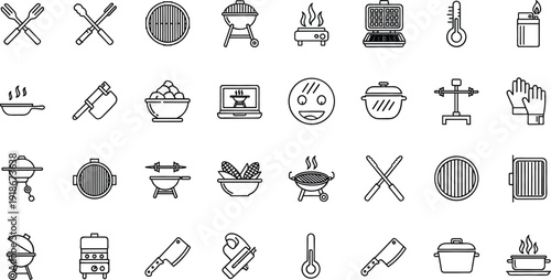 BBQ and Cooking Icon Set Featuring Grill, Skewer, Barbecue, Sausage, Thermometer, Pot and Outdoor Picnic Line Vector Collection