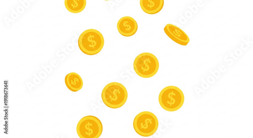 Golden dollar coins falling freely in bright isolated background wealth and prosperity concept