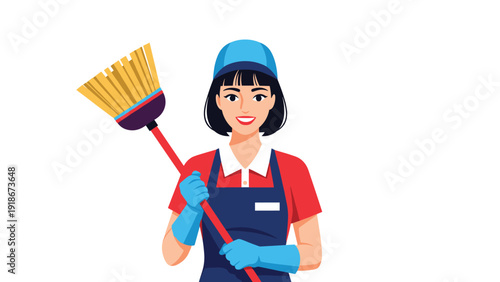Portrait of a female cleaner wearing a blue apron and gloves holding a broom with a friendly smile against a white background.