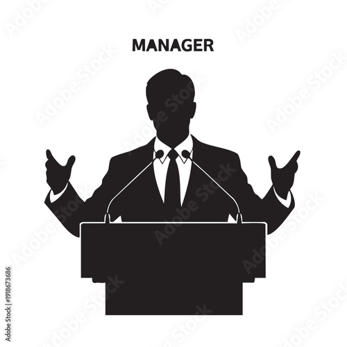 Manager silhouette standing behind a podium with two microphones, arms open wide gesturing, business speaker in formal suit, public speaking event on white background, vector illustration