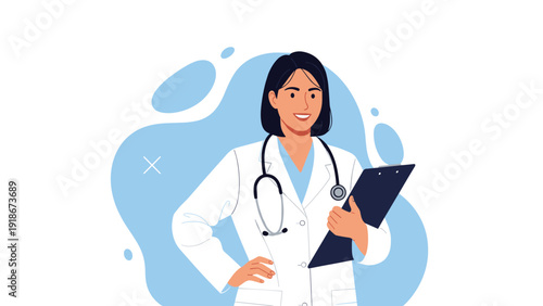 Professional female doctor in a white lab coat and stethoscope holding a clipboard and standing against a soft blue background.