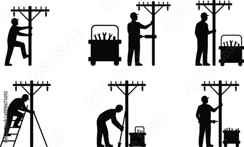 Set of lineman silhouettes working on electric utility poles with toolboxes, featuring professional electricians repairing power lines and urban energy infrastructure isolated on white.