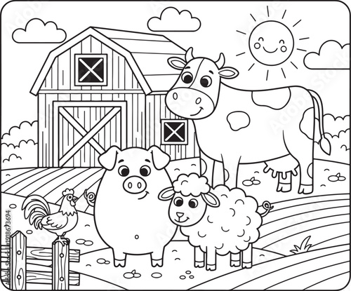 Friendly farm animals standing in front of a sunny barn