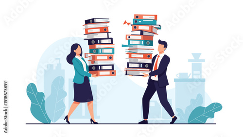 Busy office employees carrying massive stacks of document binders and folders to represent heavy workload and administrative stress in workplace.