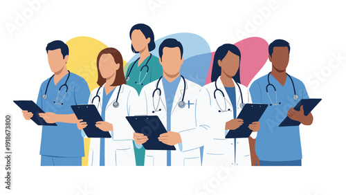 Diverse group of medical professionals including doctors and nurses standing together with clipboards in front of a colorful abstract background.