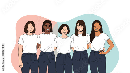 Group of five diverse young women standing together in white t-shirts and dark blue jeans against a soft colored background to show unity.