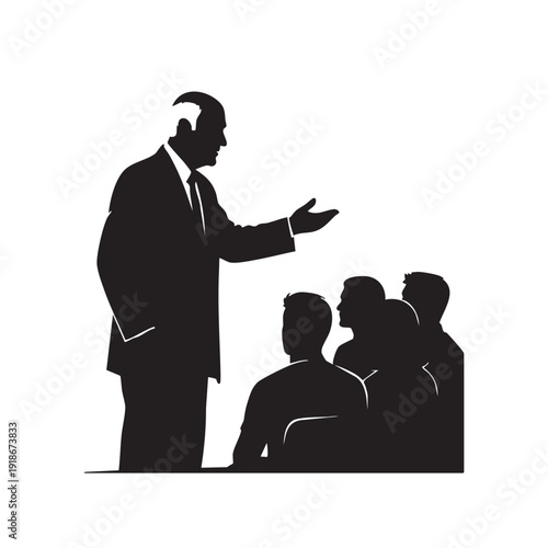 Male speaker addressing group of people during presentation or lecture, silhouettes in meeting room, business conference, education, training session, information sharing.