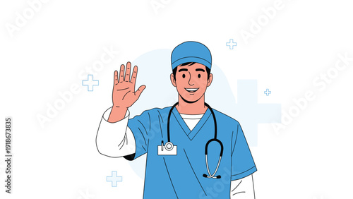 Friendly male nurse or surgeon in blue scrubs and a medical cap smiling and waving his hand against a clean white background with medical icons.