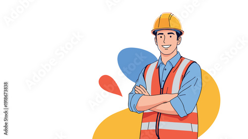 Smiling construction worker or civil engineer wearing a yellow hard hat and orange safety vest with arms crossed against a colorful background.
