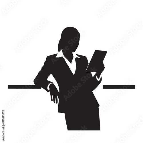 Business woman leaning on a counter and looking at a tablet, black vector silhouette of a female executive focused on digital device, isolated on white background