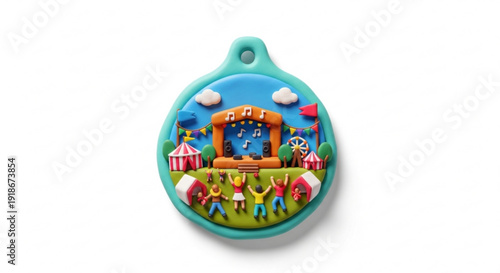 Colorful carnival scene charm featuring joyful people and vibrant attractions in a circular design