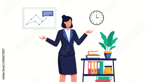 Professional businesswoman in a formal suit gesturing with open arms in a tidy office with a bookshelf and a plant, suggesting an explanation.