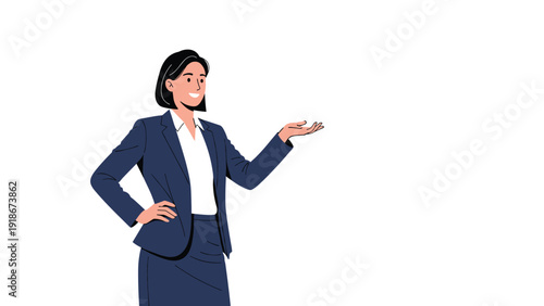 Confident businesswoman in a navy blue suit gesturing with an open hand as if presenting something or offering a polite greeting on white.