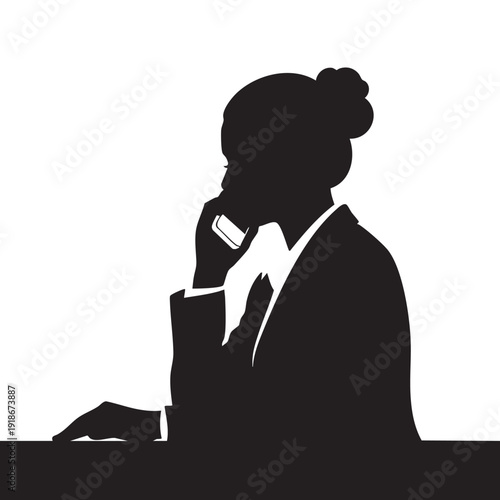 Business woman silhouette in suit talking on cell phone, side profile view, professional communication, busy executive, office work, technology, important call.