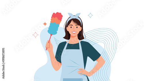 Cheerful maid or professional cleaner wearing a blue apron and headband while holding a colorful feather duster against a decorative background.