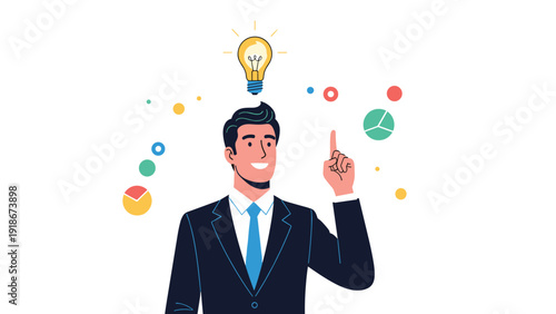 Successful businessman pointing up with a bright lightbulb over his head and colorful icons for thinking, brainstorming, and creative ideas.