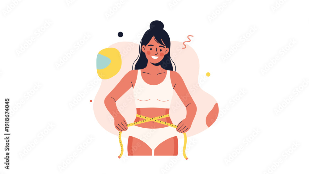 © Rasheda - Young fit woman in white underwear measuring her slim waist with a yellow tape measure to track her weight loss and fitness goals at home. © Rasheda - Young fit woman in white underwear measuring her slim waist with a yellow tape measure to track her weight loss and fitness goals at home.