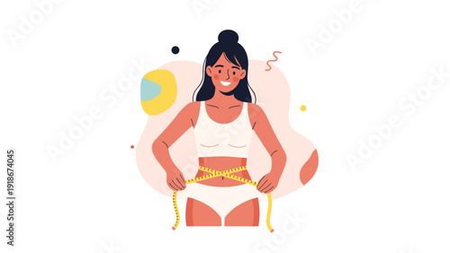 Young fit woman in white underwear measuring her slim waist with a yellow tape measure to track her weight loss and fitness goals at home.