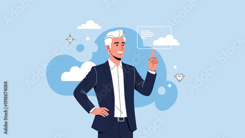 Sophisticated businessman with white hair pointing to a virtual transparent screen against a blue background with clouds and digital icons.