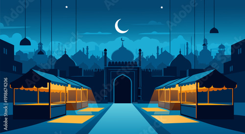 Nighttime Vector Illustration of Ramadan Crescent Moon with Arched Mosque and Flanking Market Stalls