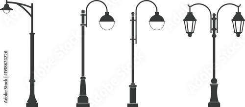 Vintage Street Lamp Silhouettes Set Featuring Classic Victorian Lanterns and Modern Industrial Wrought Iron Outdoor Lighting Poles Isolated on White Background for Urban Design