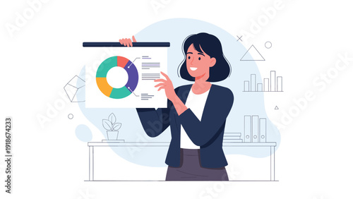 Professional businesswoman in an office setting holding a presentation board with a colorful donut chart to show data and statistics to a team.
