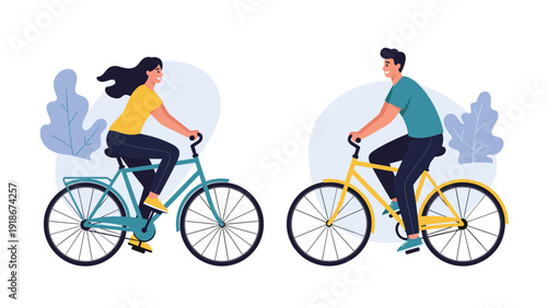 Happy young man and woman riding bicycles together against a blue background with stylized leaf shapes to represent a healthy outdoor lifestyle.