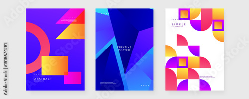Collection of three creative posters featuring bold geometric patterns and modern colorful gradients for contemporary branding and web design