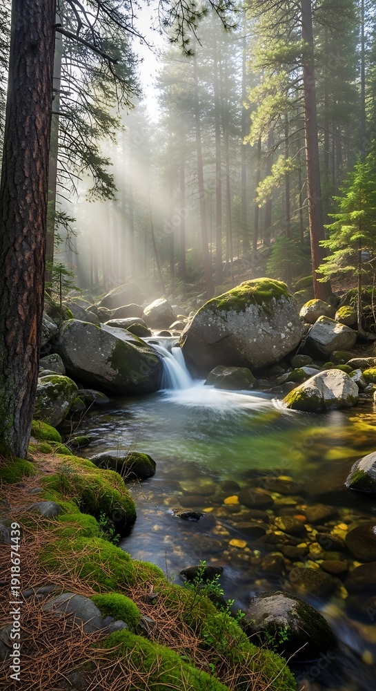 Obraz premium Sunlight Streams Through Forest Overlooking a Cascading River.