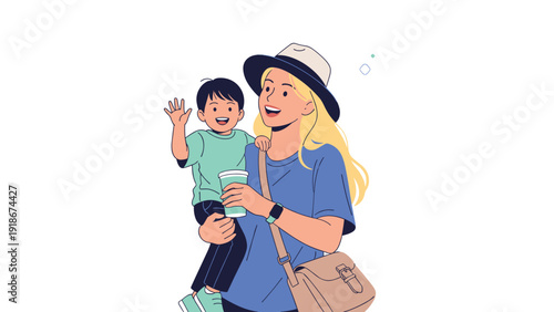 Smiling mother wearing a sun hat carries her happy young son while walking outdoors on a bright day during vacation.