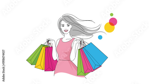 Fashionable woman with flowing grey hair smiling while carrying many colorful shopping bags after a successful trip.