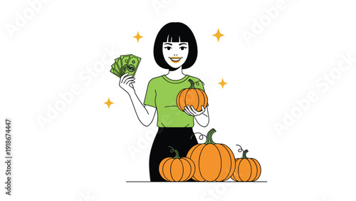 Young woman with short black hair holding cash and pumpkins to represent autumn sales and seasonal holiday savings.