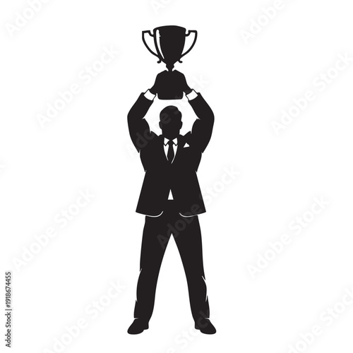 Successful businessman silhouette holding winning trophy cup high above head celebrating victory achievement professional recognition leadership triumph excellence corporate competition accomplishment