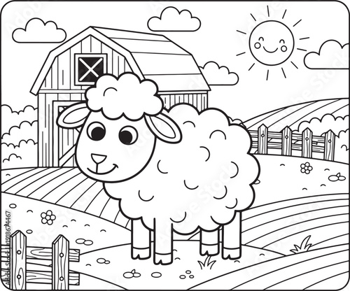 Adorable sheep standing in farm field with barn