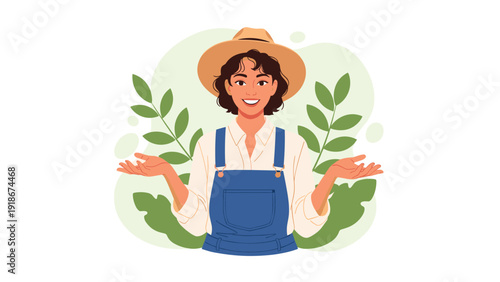Cheerful female gardener wearing a straw hat and denim overalls standing with open arms in a lush green environment.