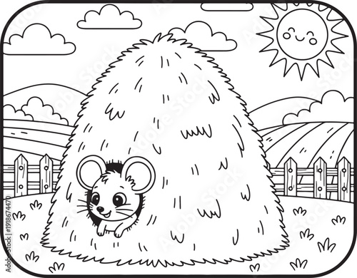 Cute mouse hiding in haystack on sunny farm landscape