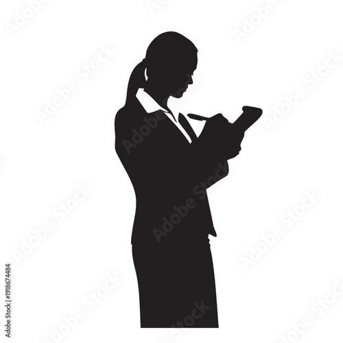 Professional woman silhouette taking notes on clipboard with pen female employee writing documentation secretary assistant recording information during meeting or survey standing in formal attire