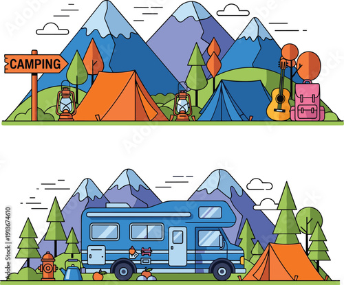 Camping adventure landscape vector illustration set, tents camper van mountains outdoor travel hiking gear nature flat design collection artwork
