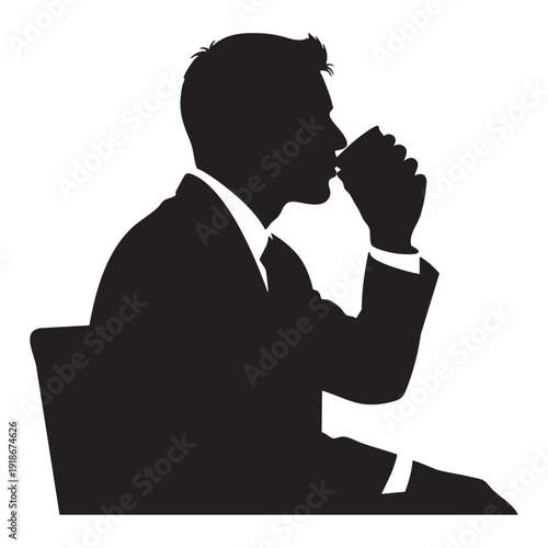 A serene black and white vector silhouette of a man in a business suit, seated and calmly drinking from a cup, suggesting a moment of relaxation, contemplation, or a short break from work