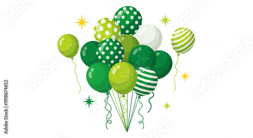 Bunch of green balloons with different patterns and designs floating together in a festive celebration