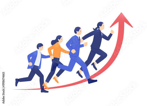 右肩上がりの業績。赤い矢印と共に走る4人。成長へ向かって駆け出すビジネスパーソンのイラスト素材。