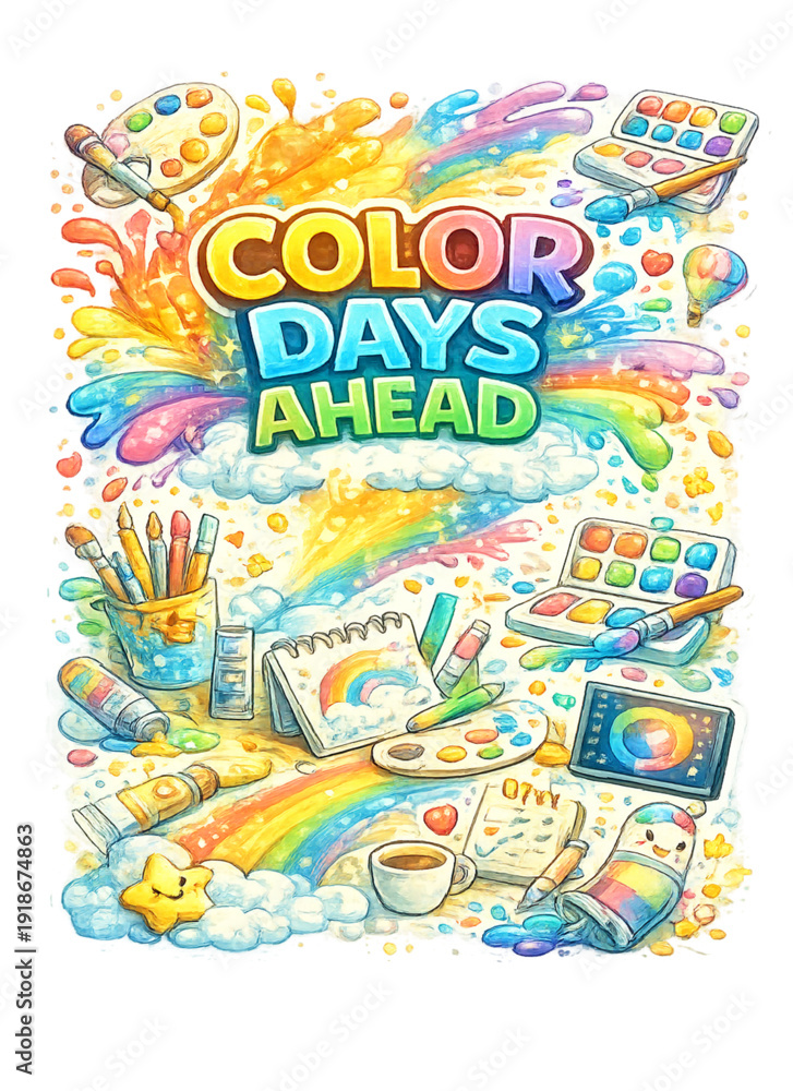 Obraz premium colorful art supplies, paint explosion illustration, vibrant creative chaos, rainbow paint splashes, dynamic brush strokes, scattered pencils and markers, bold acrylic splash effect, artistic studio s