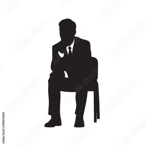 Businessman silhouette sitting on chair in thoughtful pose for interview or meeting representation professional male figure in suit waiting or contemplating in office environment for corporate use