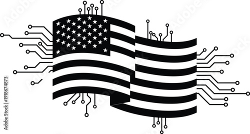 United States Flag with Digital Circuit Lines, American Technology Innovation and Cybersecurity Concept Vector Illustration