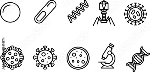 Virology and Microbiology Line Icon Set with Virus Cells, DNA Strand, Bacteriophage and Microscope Vector Collection
